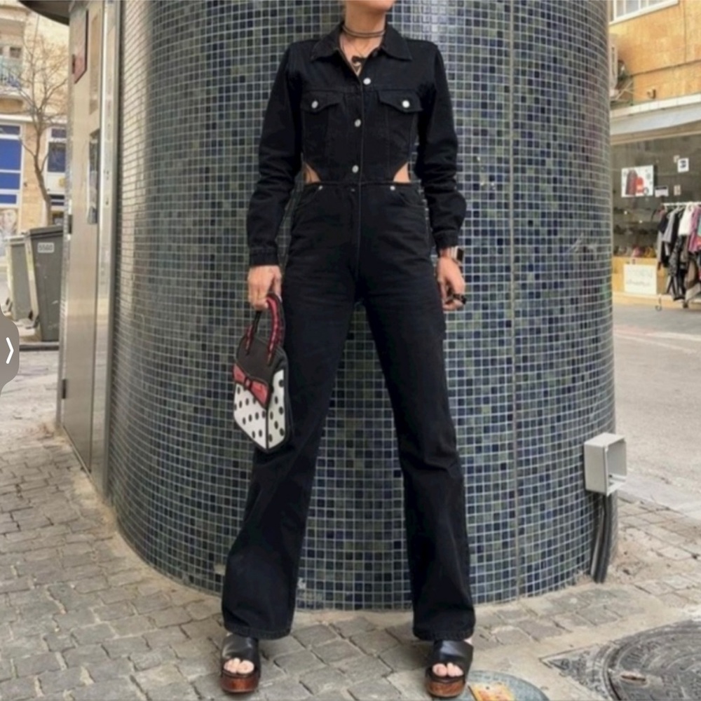 Zara Black Button-Front Denim Jumpsuit - Picture 4 of 9
